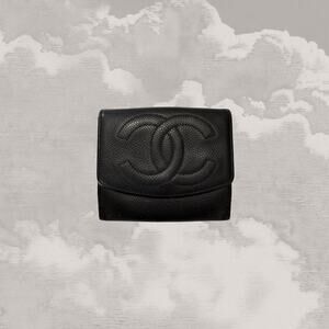 CHANEL Caviar Black Leather Timeless 'CC' Compact Wallet Bifold Chain included